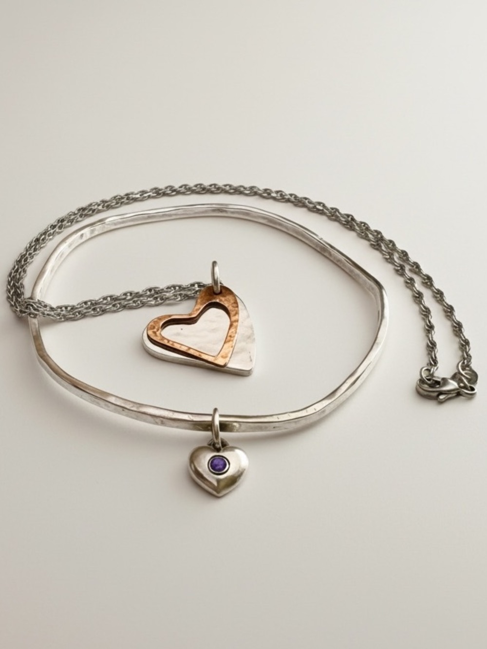 4 James Avery items amethyst heart wavy bangle double bronze silver pendant